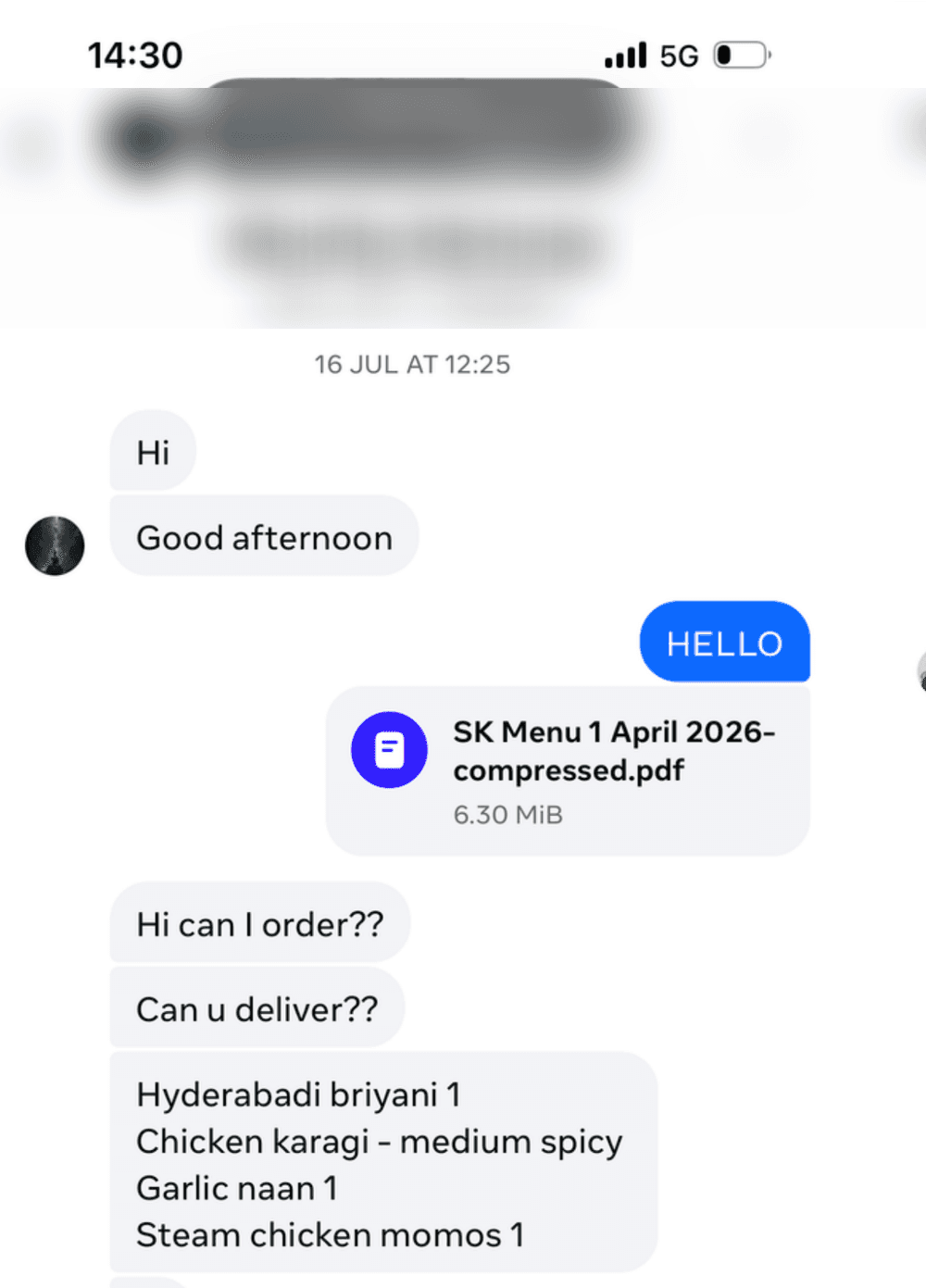 Customer DM placing a full food order for Hyderabadi biryani, chicken karahi, garlic naan, and steamed chicken momos