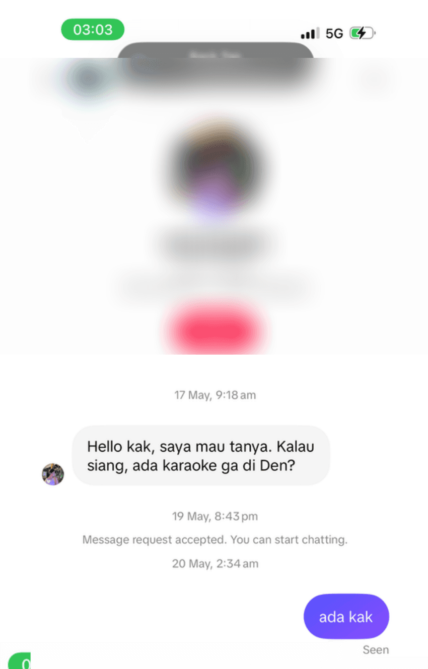 Customer DM asking for karaoke and sheesha pricing