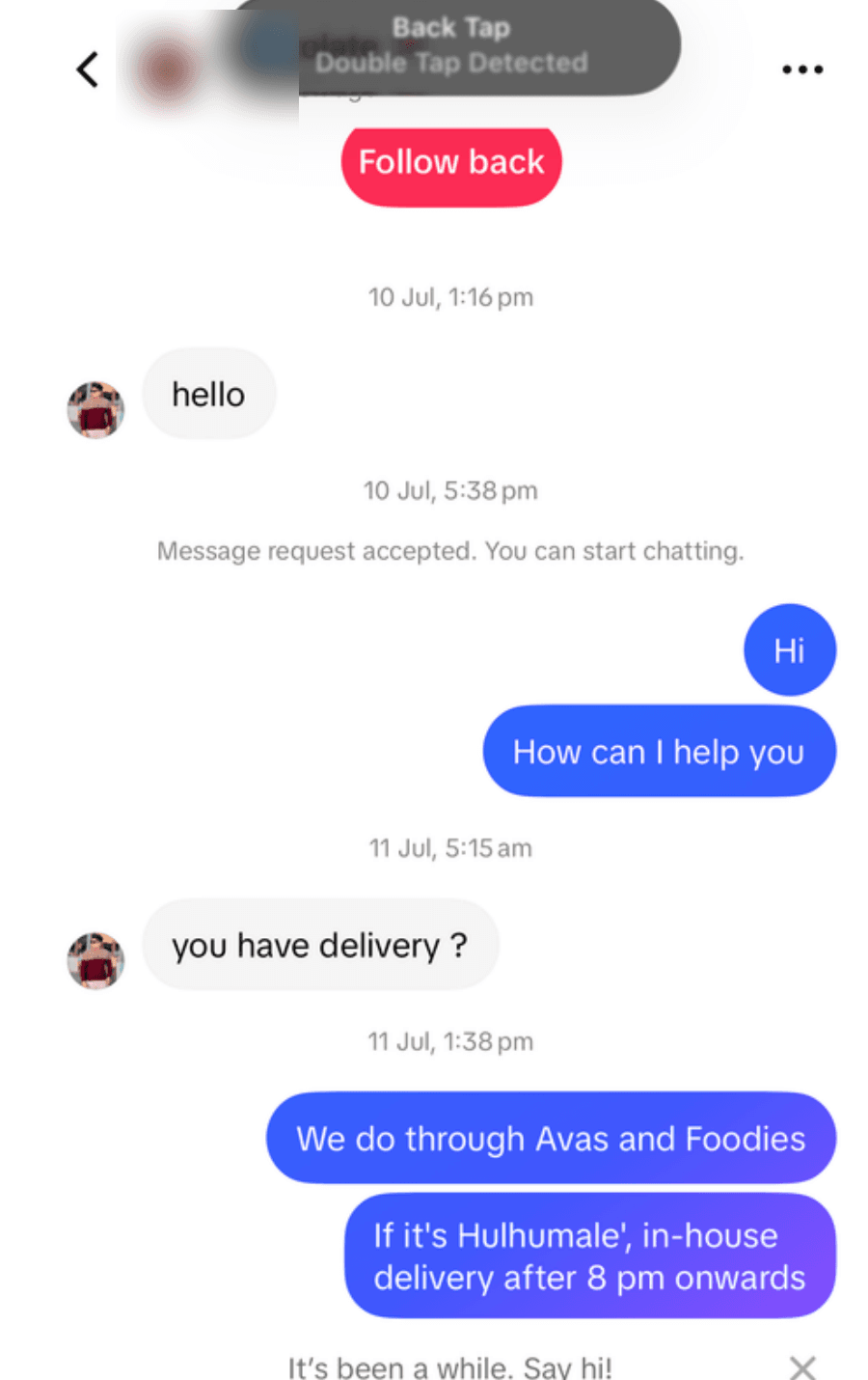 Customer DM asking about delivery options